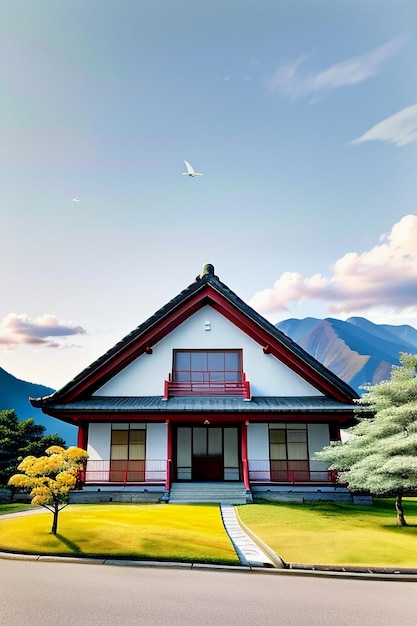 Cielo, nubes blancas y montañas, construcción de casas, naturaleza, paisaje, papel tapiz, ilustración de fondo