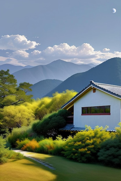 Cielo, nubes blancas y montañas, construcción de casas, naturaleza, paisaje, papel tapiz, ilustración de fondo