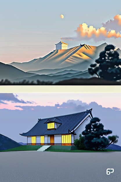 Cielo, nubes blancas y montañas, construcción de casas, naturaleza, paisaje, papel tapiz, ilustración de fondo