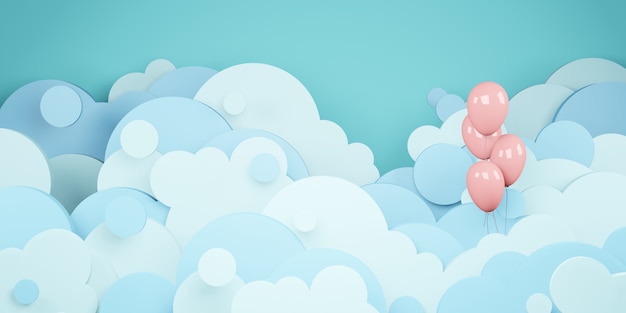 Cielo de nubes y globos flotando en el cielo estilo de corte de papel Ilustración 3D