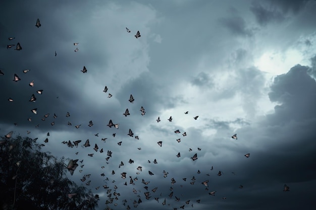 Cielo nublado con mariposas revoloteando en vuelo creado con ai generativo