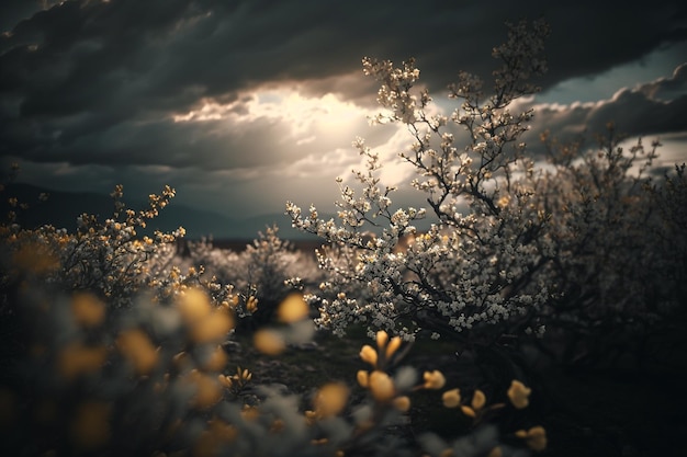 Cielo nublado de primavera con ilustración de sol IA generativa