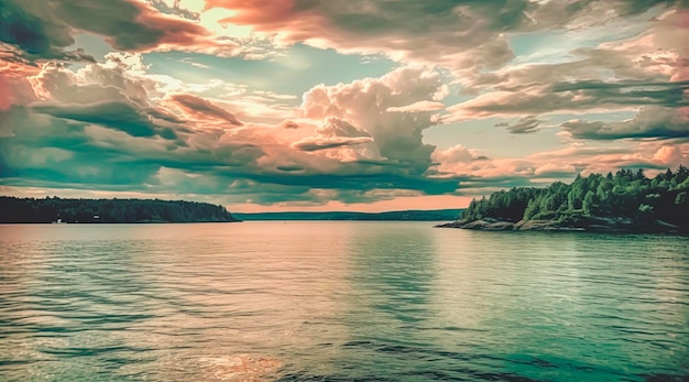 Un cielo nublado sobre un cuerpo de agua con un lago al fondo.