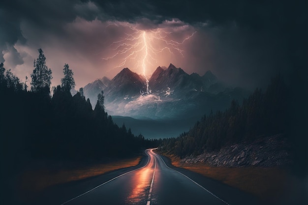 Un cielo nublado con tormenta y relámpagos sobre las montañas cubiertas de bosque