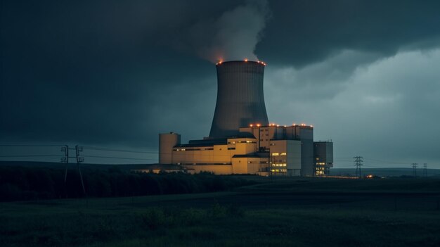 Un cielo oscuro con una central nuclear y una chimenea.