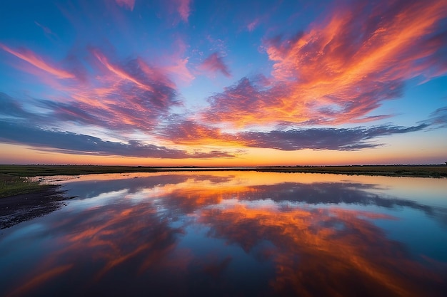 Un cielo pintoresco y colorido con un reflejo en el agua.