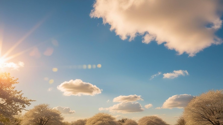 Un cielo de primavera vibrante con un claro gradiente azul suavemente iluminado por un cálido resplandor soleado Fluffy whi