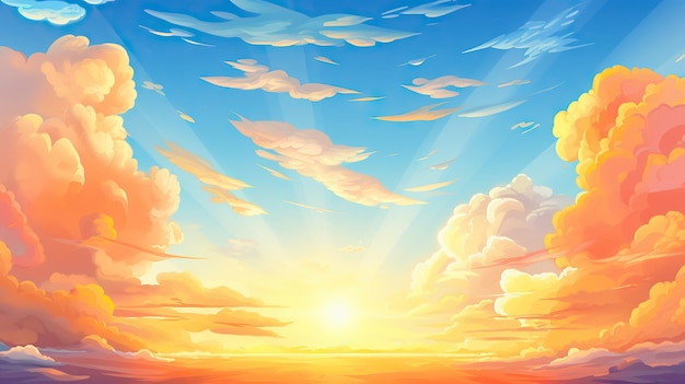 Foto cielo de puesta de sol amanecer de verano de dibujos animados con nubes naranjas sol a través de las nubes en el cielo mañana nublada