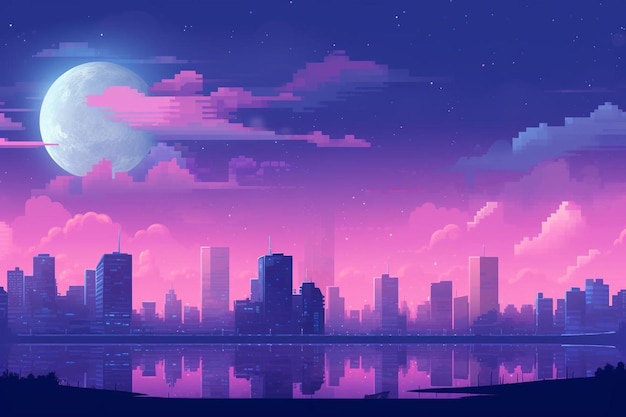 Foto un cielo púrpura con una luna púrpura y una ciudad en el fondo