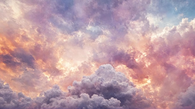 un cielo púrpura y rosa con nubes y sol brillando a través