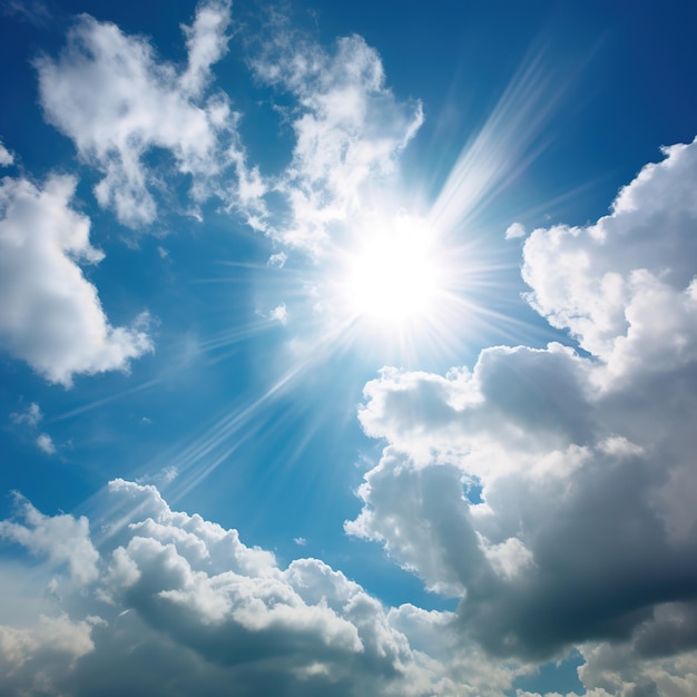 Foto cielo con rayos de sol y nubes esponjosas