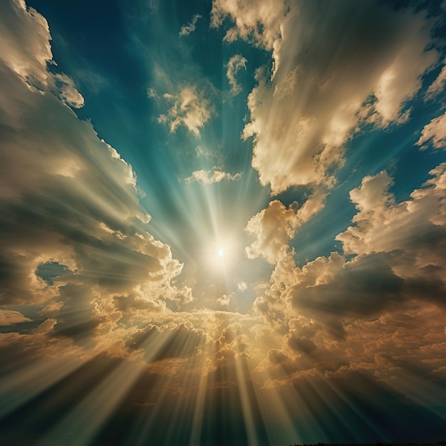 Foto cielo con rayos de sol y nubes esponjosas