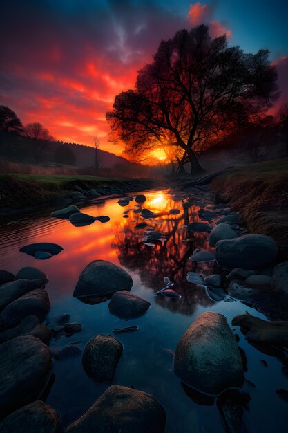 Un cielo rojo y un árbol reflejados en un arroyo.