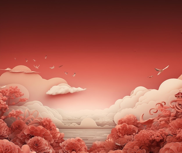 El cielo rojo y el fondo de nubes blancas con flores y árboles GenerativeAI estilo chino estilo papercut