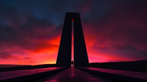 Un cielo rojo con la silueta de una persona parada frente a un edificio alto con una gran puerta abierta.