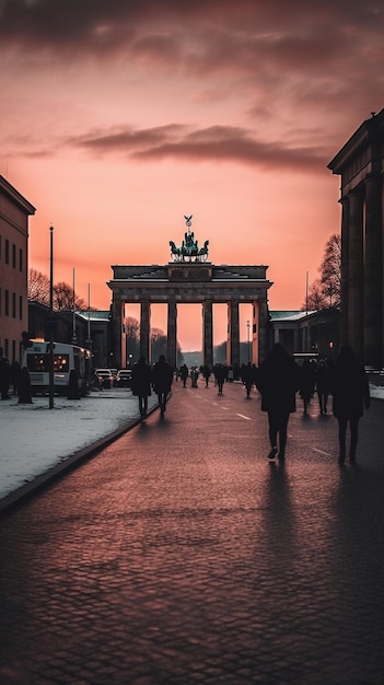 Foto un cielo rosa se ilumina al atardecer con un grupo de personas caminando por la calle.