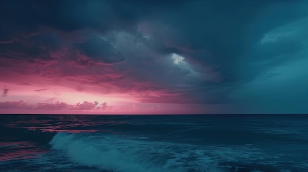 Un cielo rosa y morado con un cielo tormentoso y un cielo rosa y morado con el sol brillando a través de las nubes.