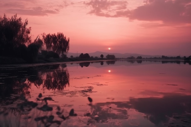 Un cielo rosa sobre un lago.