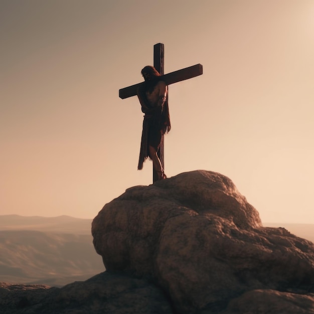 un cielo rosado sobre Jesús en una cruz