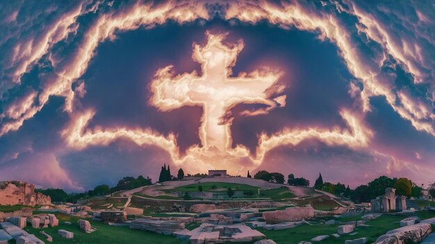 El cielo sobre la colina de Gólgota está envuelto en majestuosa luz y nubes revelando el símbolo de la santa cruz