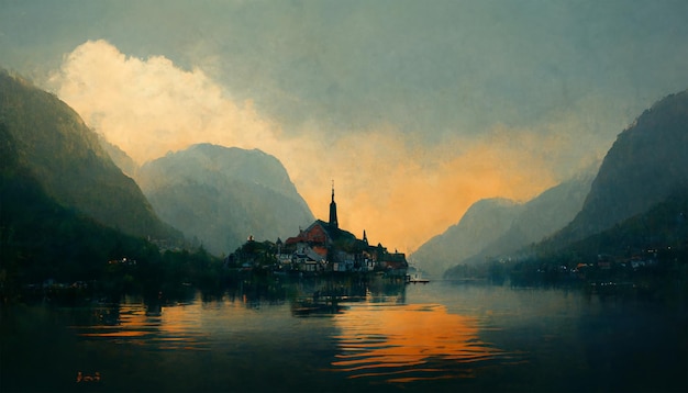 Cielo de la tarde de Hallstatt Lake Mountain House