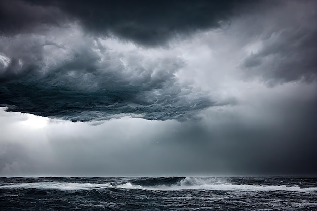 Cielo tormentoso con nubes oscuras sobre el agua del mar escénica naturaleza tormentosa hermoso fondo