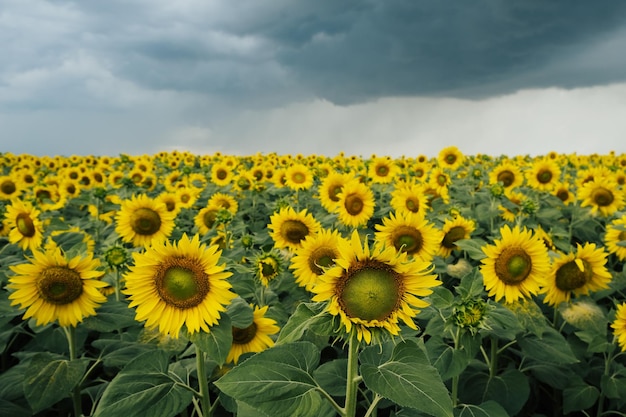 Cielo tormentoso sobre campo de girasol