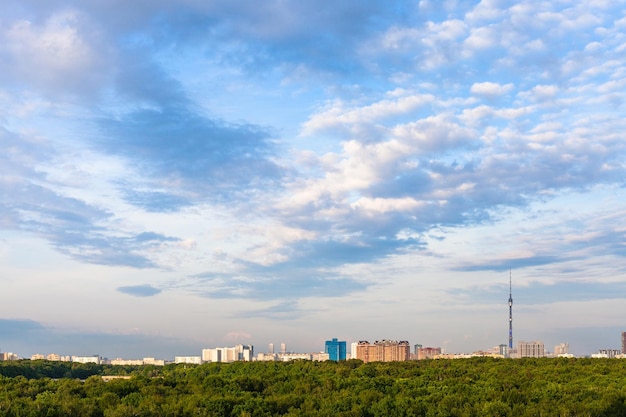 Cielo de verano con nubes azules sobre el bosque y la ciudad