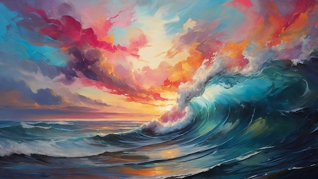 Foto el cielo vibrante y las olas del océano pintura al óleo hipnotizante