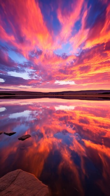 Un cielo vívido de puesta de sol sobre un lago tranquilo