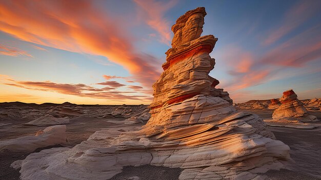 Los cielos ardientes del atardecer arrojan tonos cálidos sobre las llamativas formaciones rocosas en un paisaje desértico