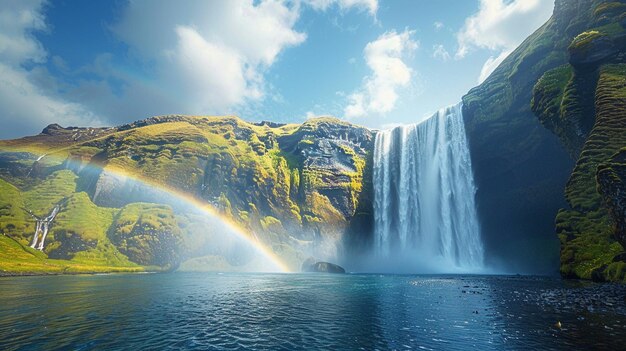 Foto cielos despejados con un arco iris sobre el papel pintado de la cascada