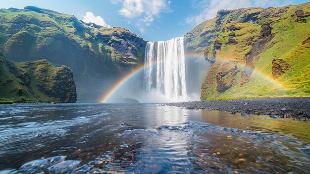 Foto cielos despejados con un arco iris sobre el papel pintado de la cascada