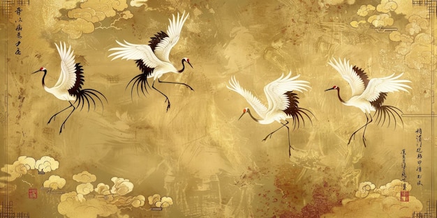 Cielos dorados Pintura tradicional china con grullas volando contra un fondo dorado radiante que captura la belleza atemporal del arte oriental