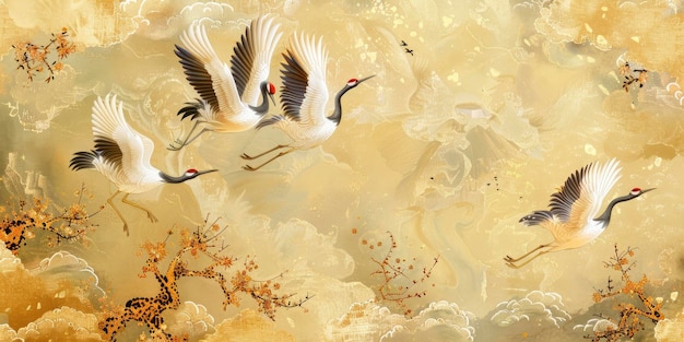 Cielos dorados Pintura tradicional china con grullas volando contra un fondo dorado radiante que captura la belleza atemporal del arte oriental