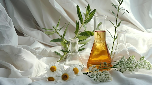 Foto ciência cosmética copo de vidro claro e frasco com planta de ervas em tecido branco banhado em luz natural para antecedentes de pesquisa de cuidados com a pele