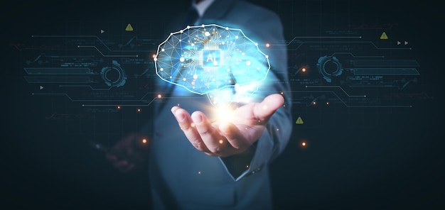 Ciencia de datos de un cerebro humano superpuesto con datos digitales y símbolos de red que indican inteligencia artificial tecnología digital Big data analizada con tecnología de IA para análisis de negocios