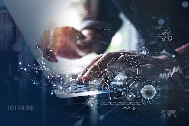 Ciencia de datos Negocios e Inteligencia Artificial Inteligencia artificial concepto de tecnología digital Empresario que trabaja con computadoras portátiles y red global de Internet de grandes datos