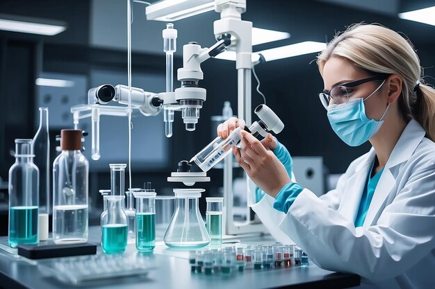 Foto ciência e pesquisa covid com uma mulher no laboratório para inovação ou moderna