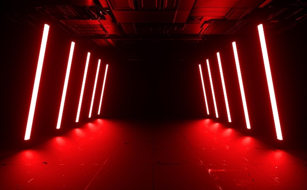 Ciencia ficción futurista moderna Led Luz de neón Resplandeciente Vibrante Sala roja Pasillo Pasaje Piso de concreto Ilustración 3d