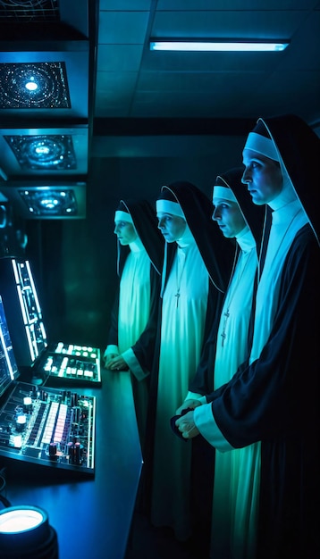 Foto ciencia ficción las tres mujeres monjas con túnicas negras de pie en una habitación débilmente iluminada ia generativa