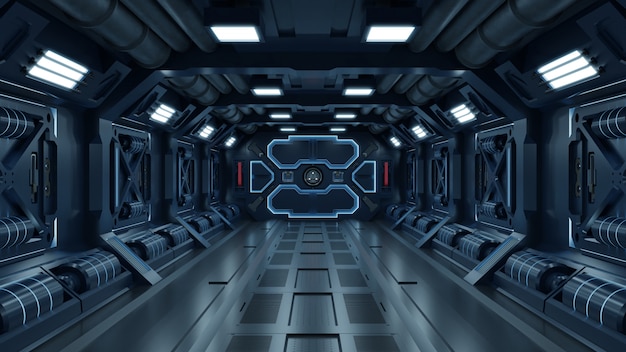 Ciência fundo ficção interior quarto sci-fi nave espacial corredores azuis.