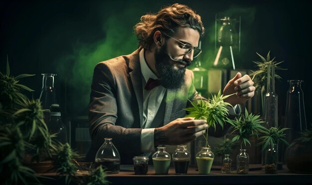 Foto ciência homem cannabis para pesquisa biologia