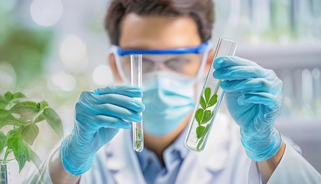 Ciencia de las plantas Investigación de la química biológica Pruebas con hojas orgánicas Experimentos en tubos de ensayo por un científico en el laboratorio de biotecnología