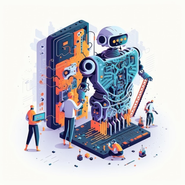 Ciencia robot construcción tecnología vector ilustración ingenieros programación bot Hecho por AIInteligencia artificial