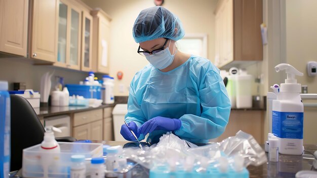 Foto una científica con una bata quirúrgica, guantes, red para el cabello y máscara trabaja en un laboratorio