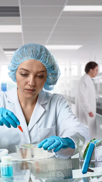 La científica bióloga bioquímica caucásica trabaja en un laboratorio de investigación en un centro de investigación académica farmacéutica