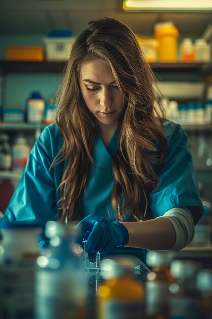 Foto científica concentrada trabajando cuidadosamente con productos químicos en el laboratorio absorta en la investigación