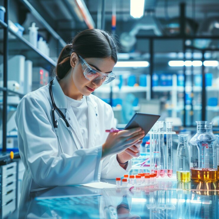 una científica está mirando una tableta en un laboratorio con muchos tubos