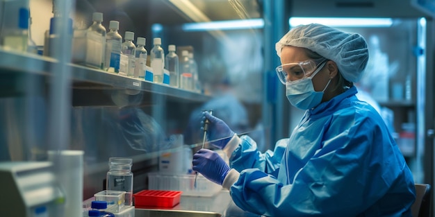 una científica en un laboratorio con una bata de laboratorio y guantes